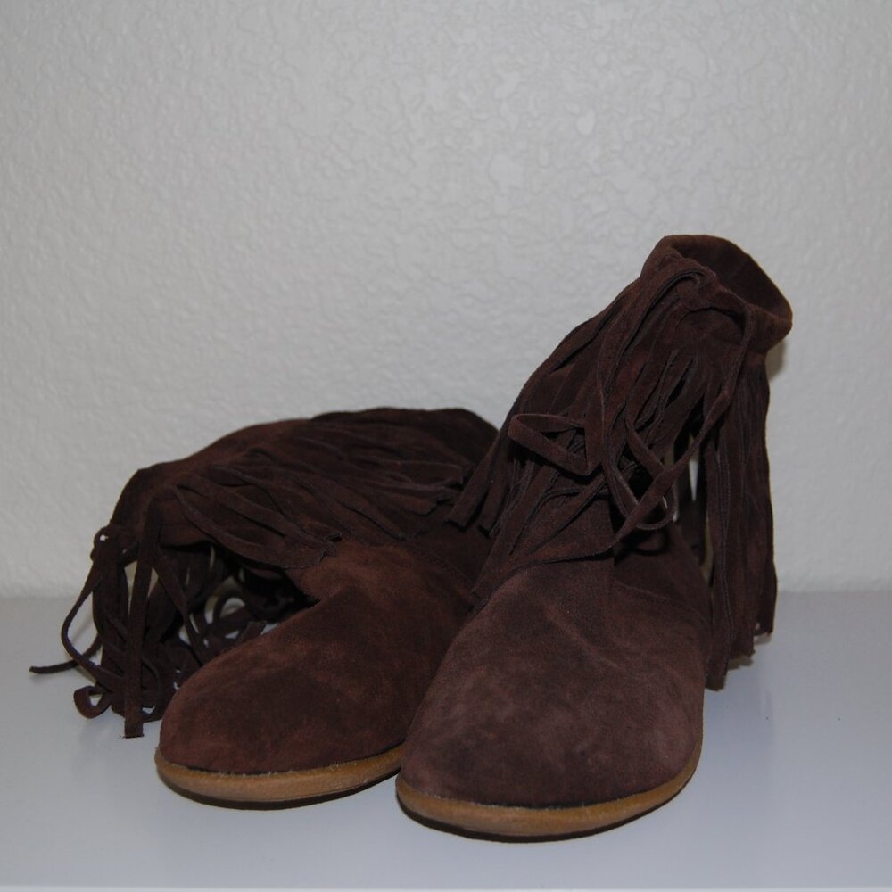 Nine West Genuine Leather Suede Fringe Boots, US 8M, Fur Lined, Chocolate Brown